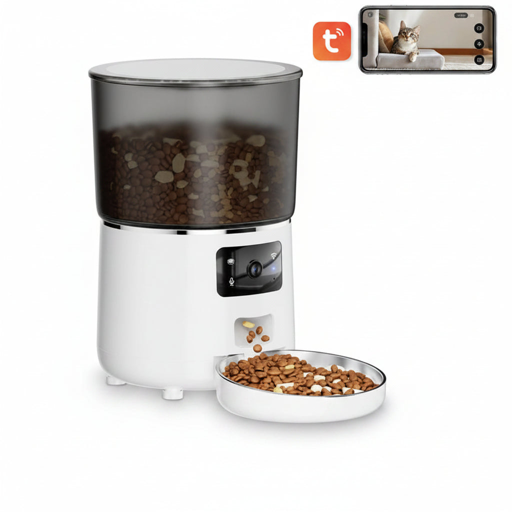 Distributeur de croquettes automatique 4L Wifi Caméra - Modèle Foodies Smart Cam - Coloris Blanc